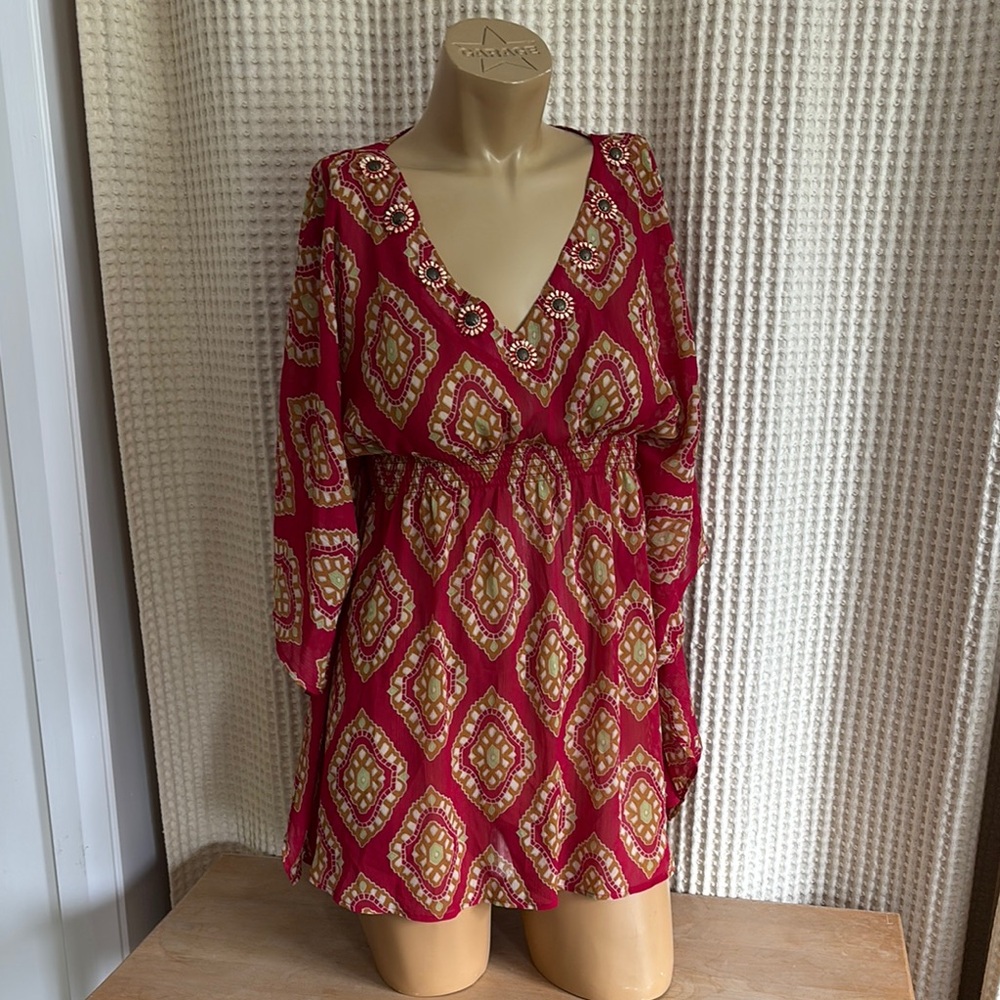 New York & Company Red Cream Sundress V-Neck Bishop Sleeve